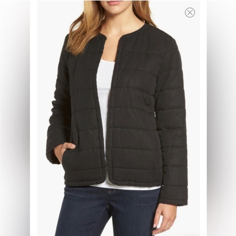 Eileen Fisher Quilted Lightweight Open Front Jacket Coat Black Womens Small